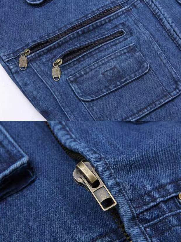 Mùa xuân và mùa thu trung niên nam denim vest đa túi cộng với phân bón để tăng vest vai vest nam ngoài trời vest vest quần tây