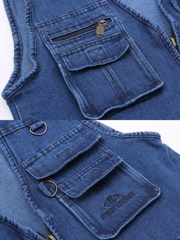 Mùa xuân và mùa thu trung niên nam denim vest đa túi cộng với phân bón để tăng vest vai vest nam ngoài trời vest vest quần tây