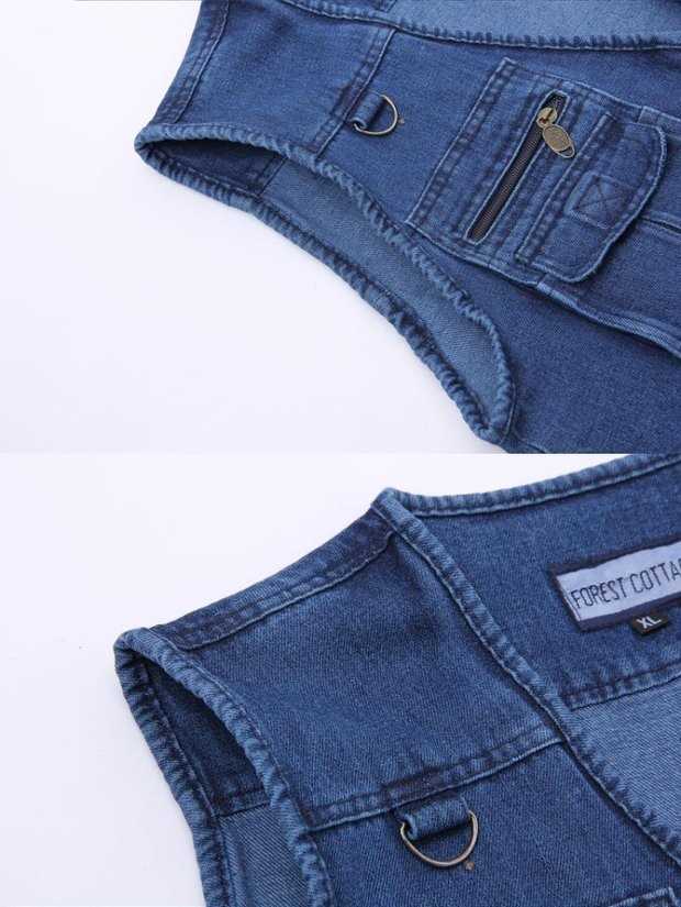 Mùa xuân và mùa thu trung niên nam denim vest đa túi cộng với phân bón để tăng vest vai vest nam ngoài trời vest vest quần tây
