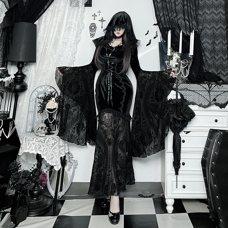 Wannathis Halloween Costume Dark Witch Cosplay Gothic Lace Dress Witch Outfit Long Skirt Wannathis Halloween Costume Dark Witch Cosplay Gothic Lace Dress Witch Outfit Long Skirt