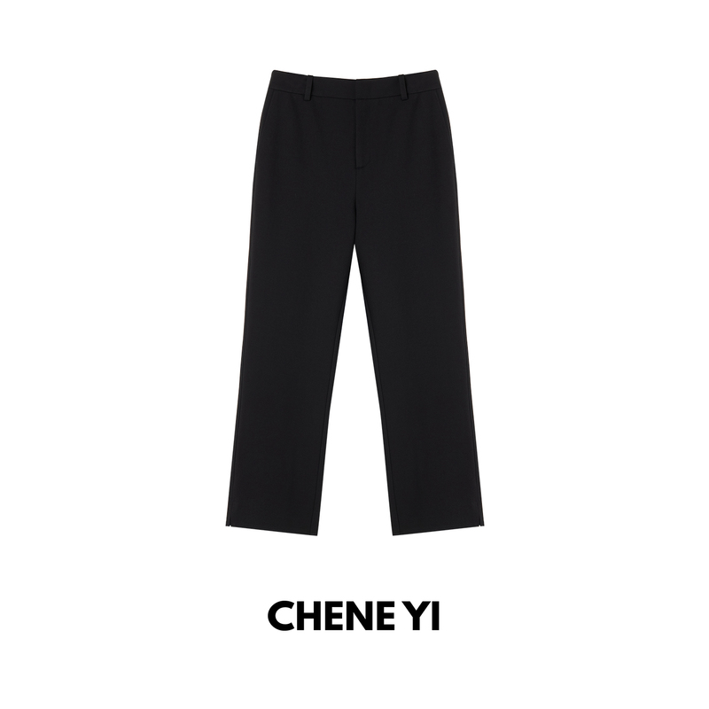 Chene Yi Nine-Point Slit Flared Pants for Women, Slim-Fit Black Pants with a High-End Feel, Versatile Straight-Leg Casual Pants