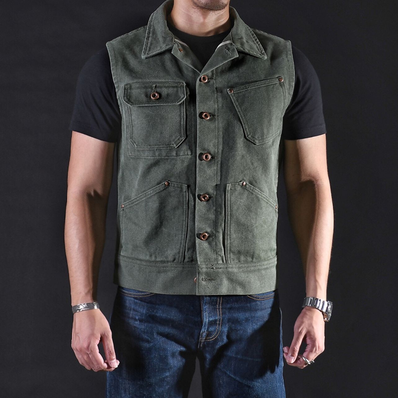 Chaimi American retro canvas hunting tooling old locomotive slim lapel vest male Ami khaki autumn and winter
