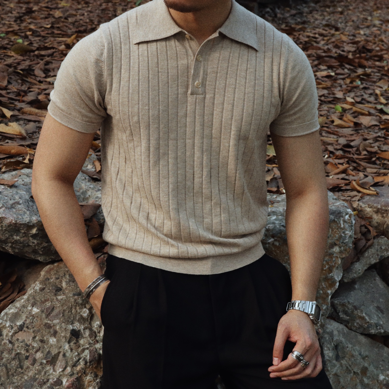 Chaimi knit lapel Polo short sleeve t-shirt Knit shirt American vintage men Ami Kazuki summer