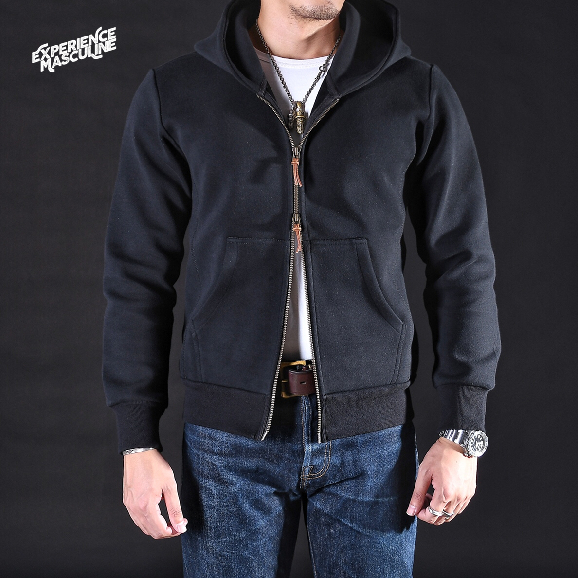 Chaimi American retro Ami khaki heavy thick black cotton zipper hooded sweater hoodie men's autumn and winter