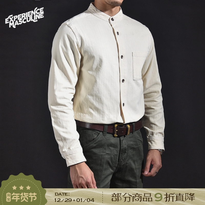 Chai Mi American Retro Heavy HBT Herringbone Long-sleeved Casual Workwear Stand Collar Men's Shirt Autumn and Winter Ami Khaki