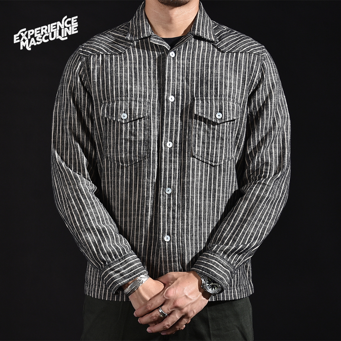 Chaimi American retro hemp cotton old long-sleeved tooling casual shirt men's jacket Ami khaki autumn and winter