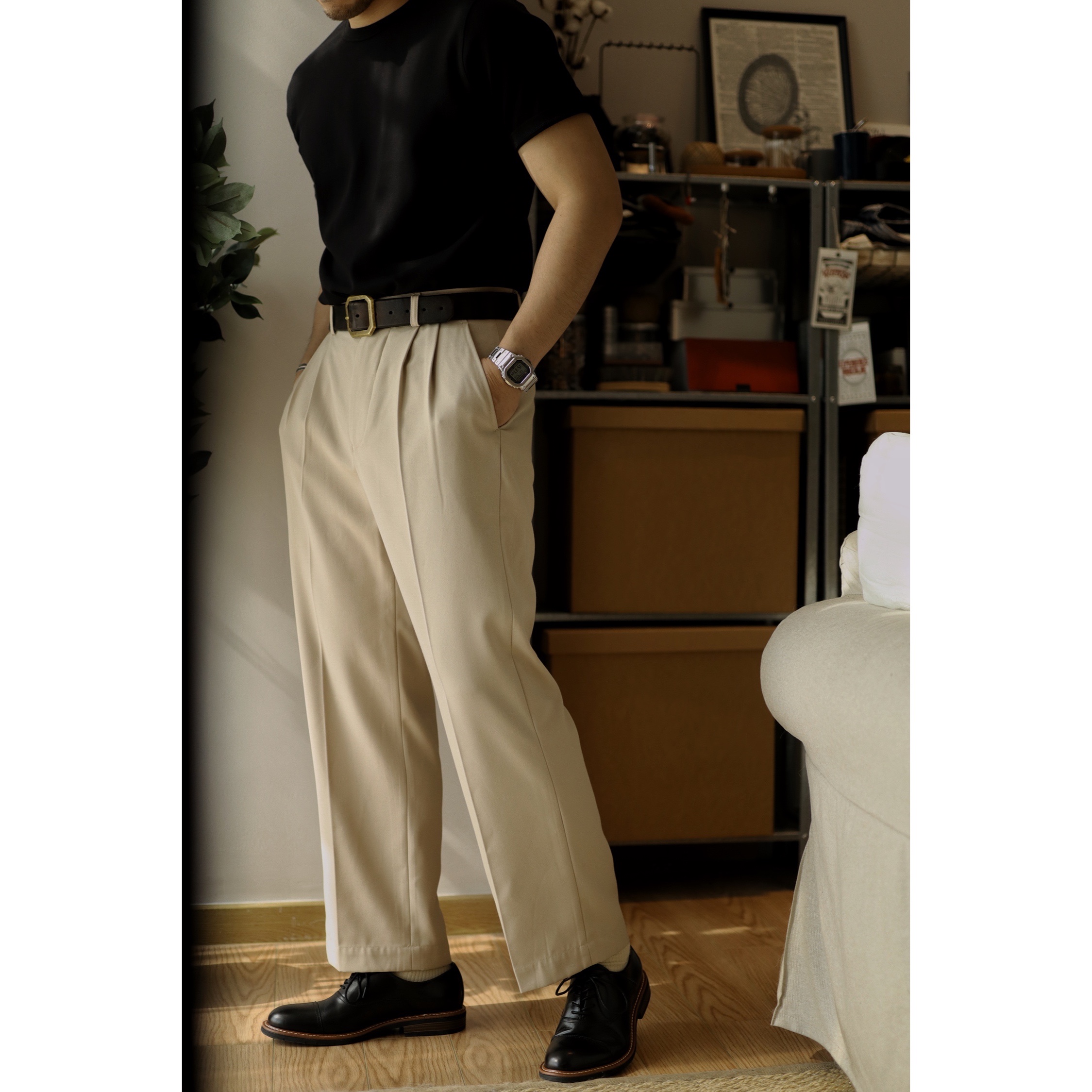 Chai Mi High Waist Loose Wide Leg Hot Line Double Pleated Straight Trousers Men's Gentleman Blended Casual Pants Ami Khaki