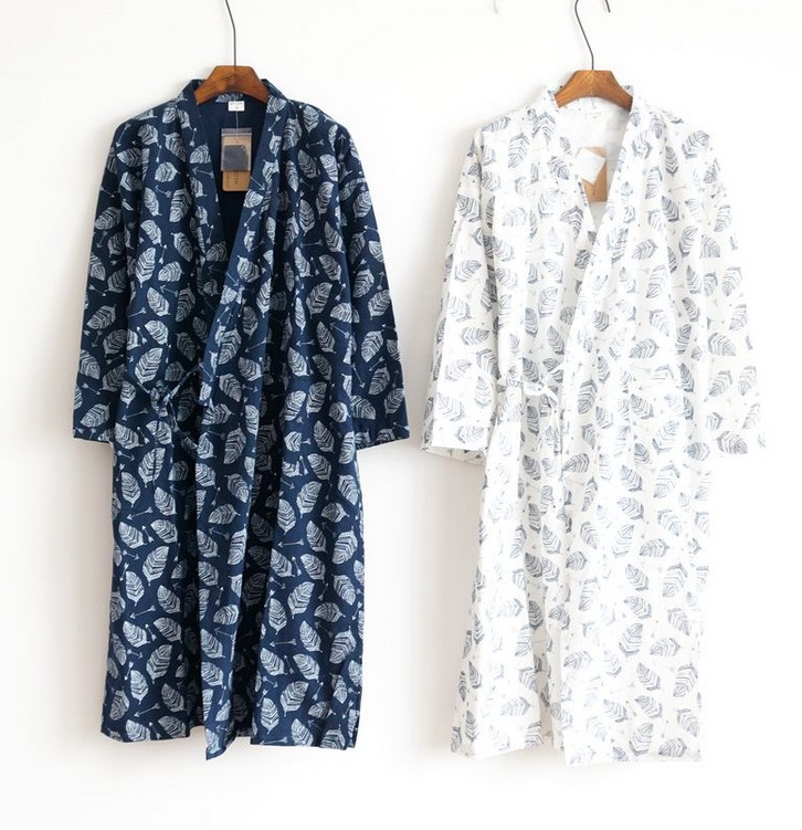 Của nam giới áo ngủ ngắn tay cotton áo choàng tắm mùa xuân và mùa hè phần dài kimono Nhật Bản Han bông gạc đôi bông và linen