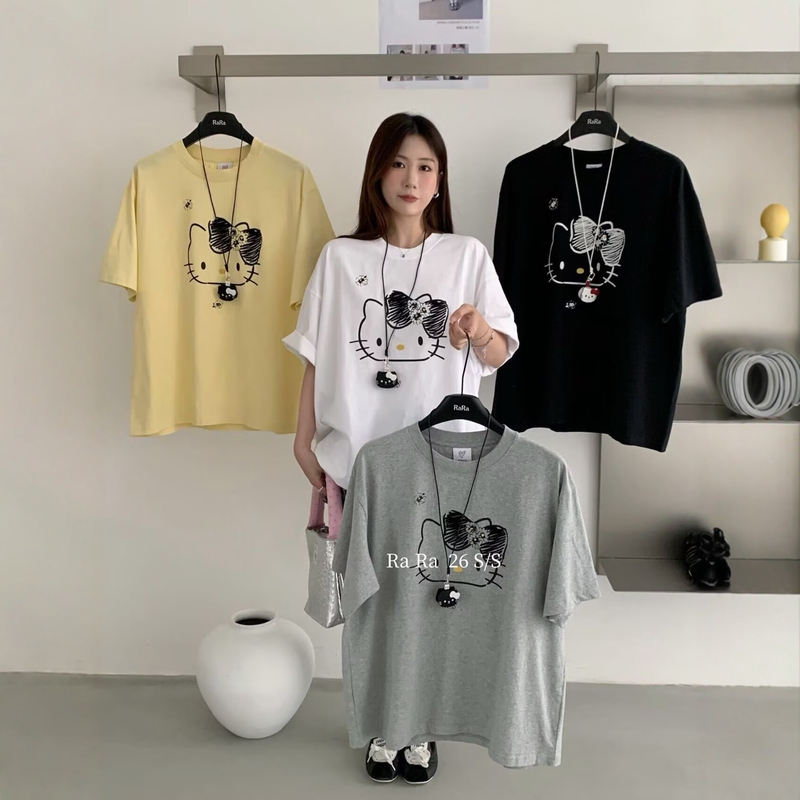 Rara Style2026 Summer Korean-Style Cartoon Hello Kitty Print Fashionable Loose Versatile Oversized Short-Sleeve T-Shirt