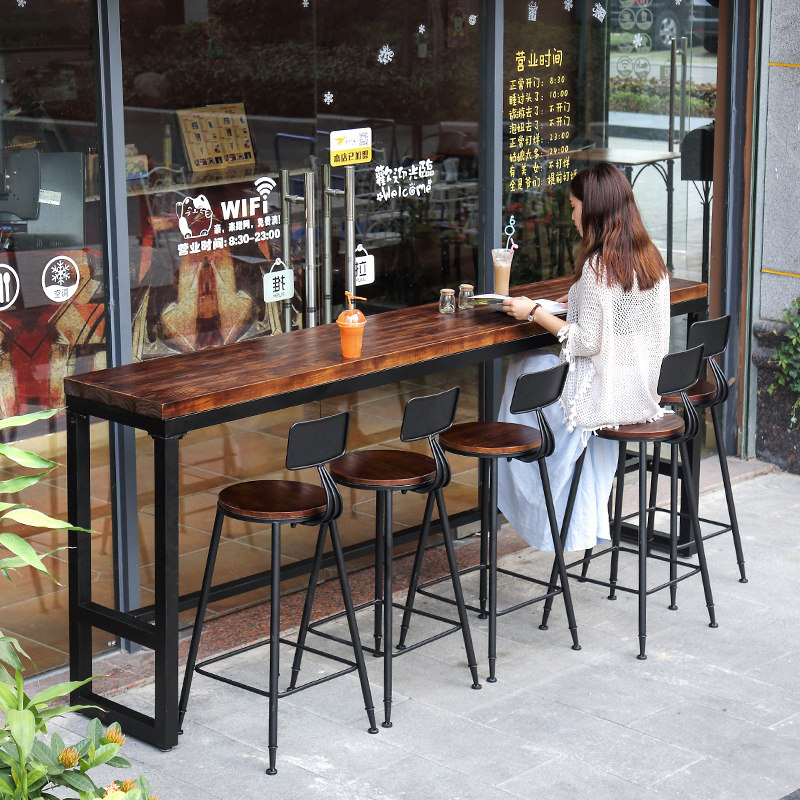 Solid Wood Bar Table Chair Combined Milk Tea Shop Commercial Bar Table Home Balcony Leaning Against Wall High Foot Narrow Table Long Strip Table