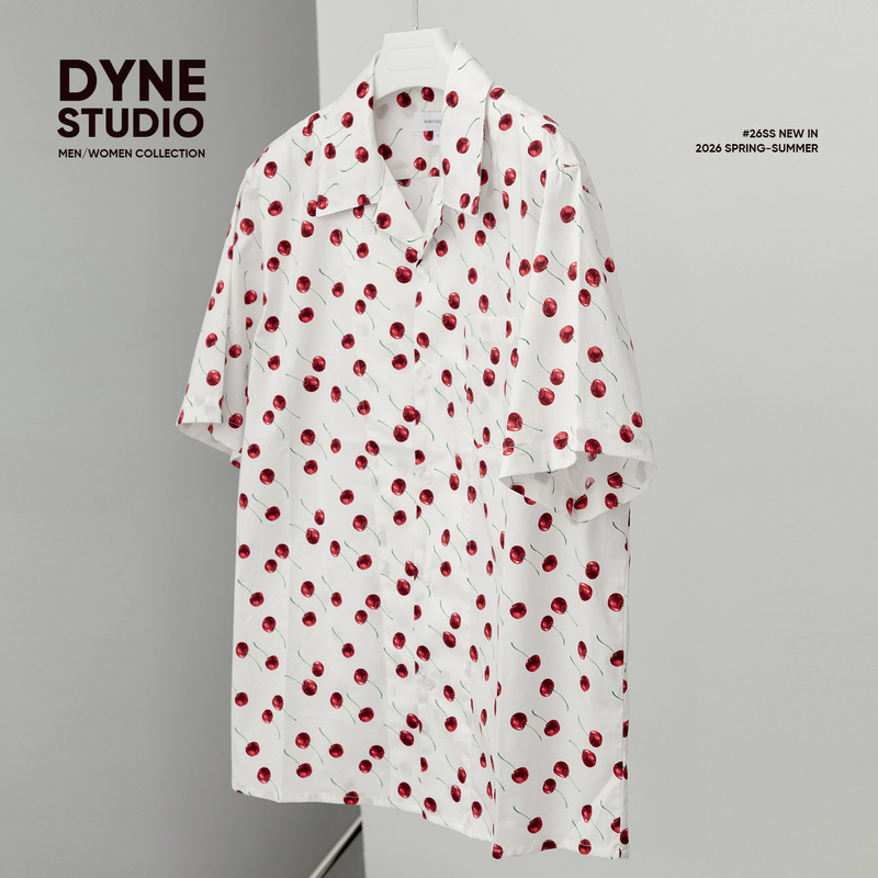 Dyne Studio Niche Design Cherry Print Washed Cotton Cuban Collar Short-Sleeved Shirt 8532 Dyne Studio Niche Design Cherry Print Washed Cotton Cuban Collar Short-Sleeved Shirt 8532