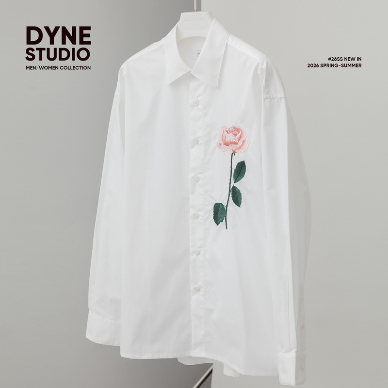 Dyne Studio Designer Rose Embroidered Poplin Cotton White Long-Sleeved Loose Shirt 8539 Dyne Studio Designer Rose Embroidered Poplin Cotton White Long-Sleeved Loose Shirt 8539