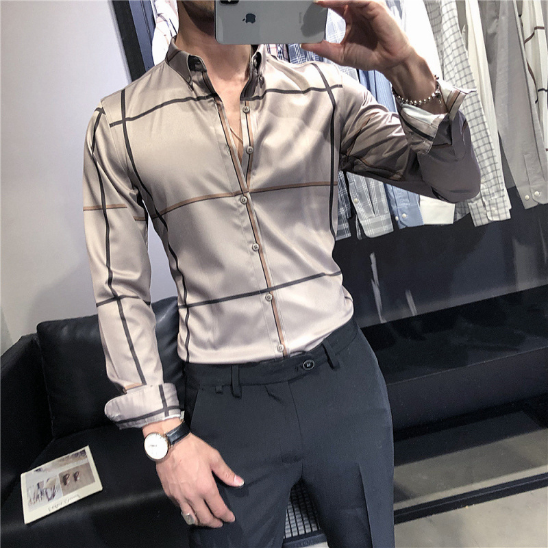 Spring and Autumn Shirt Men's Long Sleeve Korean Style Trendy Men's Plaid Shirt British Style Casual Handsome Slim Trendy Brand Men's Clothing