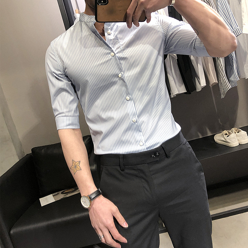 Summer shirt male short sleeve Korean version Trend handsome with streaks upright collar 70% sleeves shirt for men's boarder