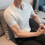 Мужская летняя тонкая приталенная шелковая комфортная дышащая футболка, V-образный вырез, короткий рукав