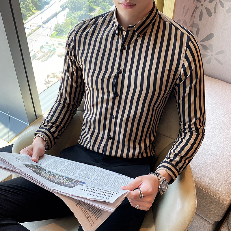 Spring and autumn new men's striped shirts Korean version trend hair stylist slim shirts men's long-sleeved British business men's clothing