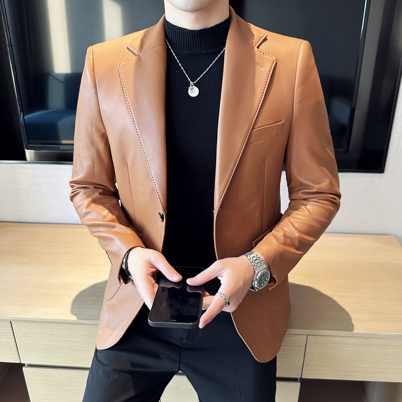 Leather Suit Jacket for Men, New Spring and Autumn Style, High-End Korean Version, Slim Fit, Stylish, Business Casual, Versatile Suit Top