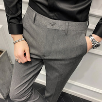 Autumn and winter plus velvet thickened mens embroidered trousers slim feet British style casual trousers business stretch suit pants