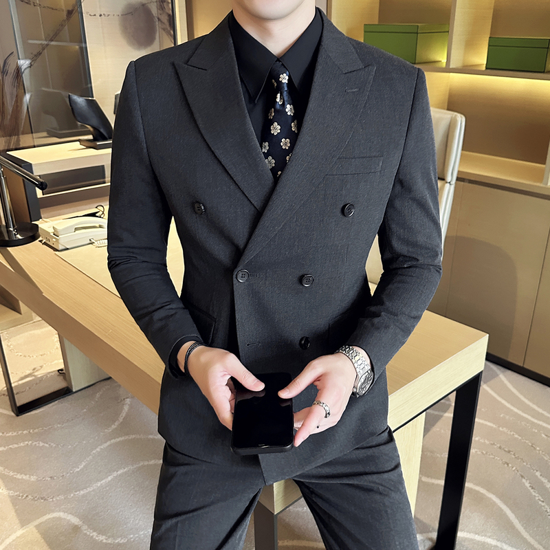 British Style Double-Breasted Suit Men's Suit Business Casual Formal Wear Groom Wedding Dress High-End Suit Three-Piece Suit