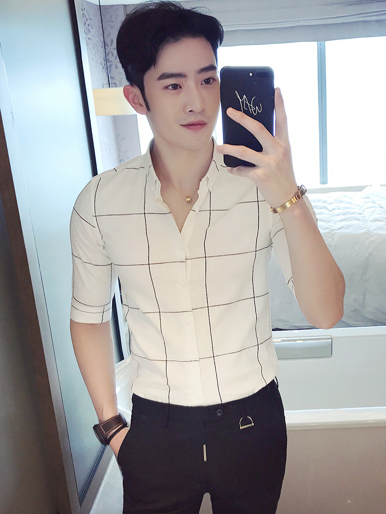 Plaid shirt men's short-sleeved slim summer men's casual mid-sleeve shirt Seven-point sleeve shirt advanced design Korean version