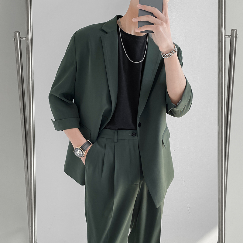 Light Mature Style Three-Quarter Sleeve Casual Suit for Men, Summer Thin Korean Style Loose Mid-Sleeve Men's Suit Two-Piece Set