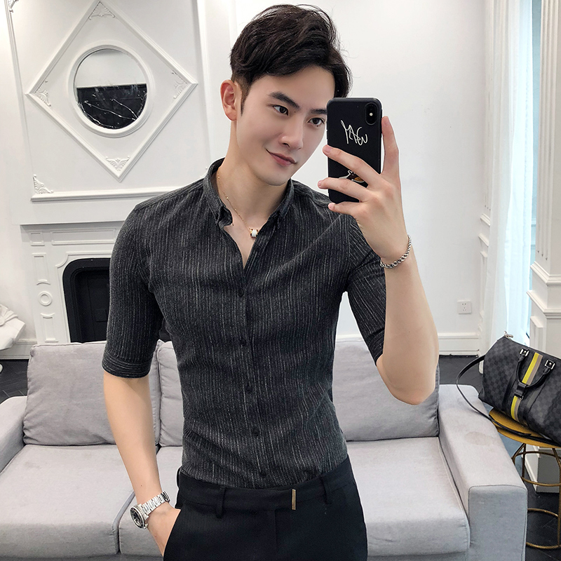 Summer short-sleeved shirt men slim casual striped cropped sleeve linen shirt premium sense hair stylist tide brand menswear