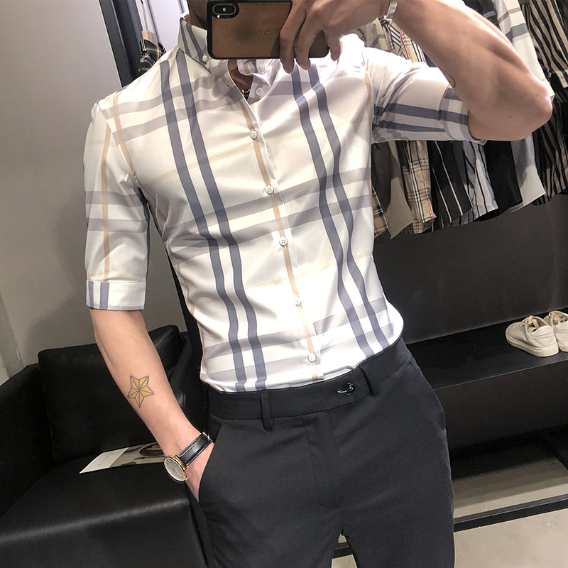 Summer shirt men's short-sleeved slim Korean style trendy three-quarter sleeve men's shirt hair stylist trendy brand light familiar style men's clothing