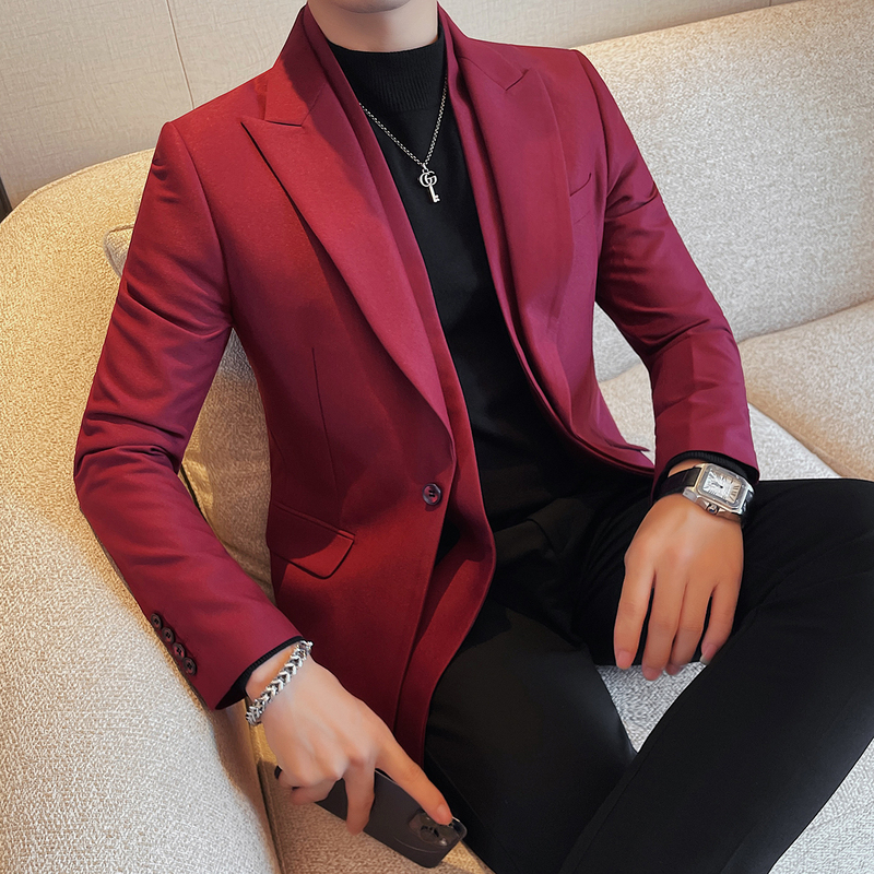 Fake Two-Piece Double-Layer Collar Blazer for Men, Autumn and Winter, High-End Luxury Suit, Korean Style Slim Fit, New Year Red Dress