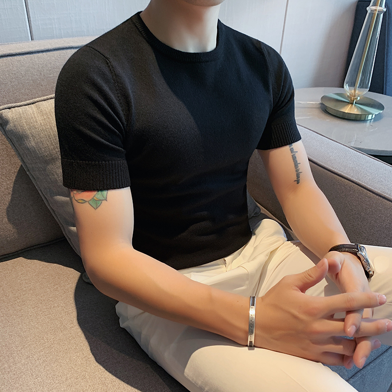 Spring and Autumn Round Neck Sweater for Men, Slim Fit, Korean Style, Trendy, Versatile, Ice Silk T-Shirt, Half-Sleeve, Casual Knit Short-Sleeve Base Shirt