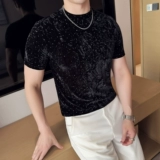 Дизайнерская бархатная летняя модная футболка с коротким рукавом, облегающий крой, высокий воротник