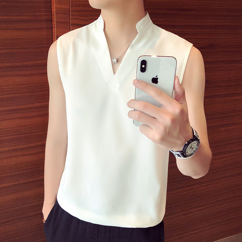Sleeveless Shirt for Men, Summer Thin Style, Korean Trendy, Cool and Stylish, Embroidered V-Neck T-Shirt, Waist-Cinching Shirt, White Slim-Fit Shirt