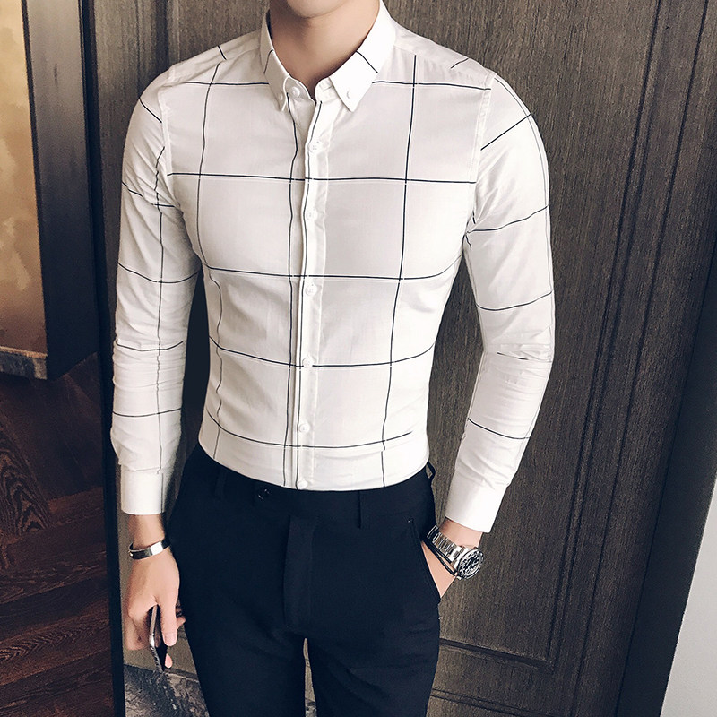 Plaid shirt male long sleeve fit Korean version fashion hairstylist men's white lining casual trend Inn wind men's clothing
