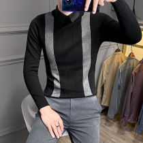 Mens fake two shirts sweater spring autumn cash bump color long sleeves Knitted Sweatshirt Korean version trendy sweatshirt undershirt