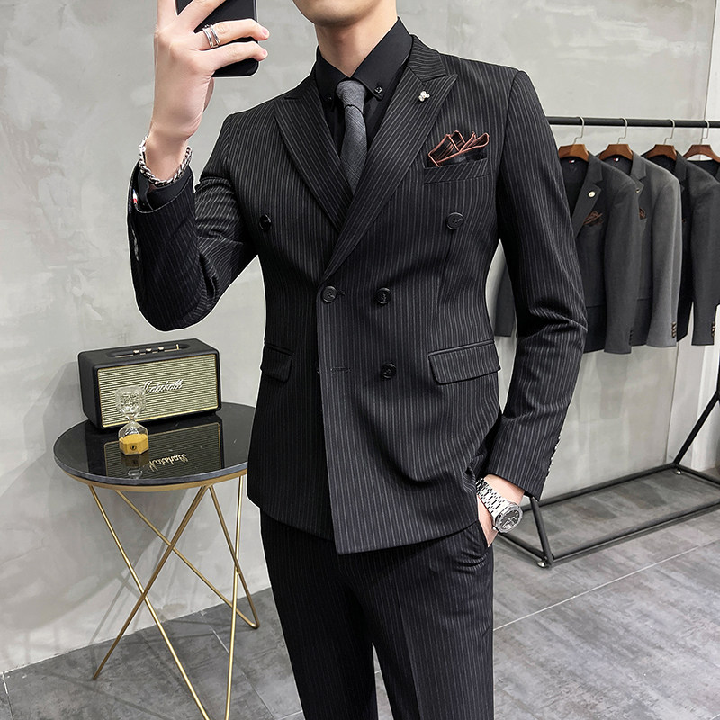 Spring and Autumn Suite men's suit Korean edition trend mens handsome double-row suit men's business dress groom dress
