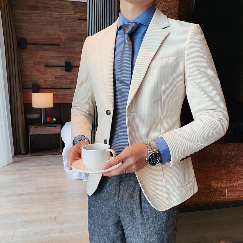 Corduroy Casual Blazer for Men, Autumn and Winter, Thickened, Fashionable, Trendy, Cool Striped Suit, Slim Fit Single-Breasted Jacket
