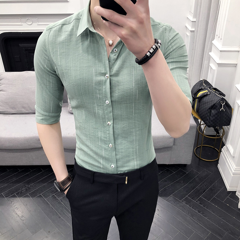 Summer shirt men's short sleeve slim hair stylist seven-point sleeve net red five-point middle sleeve men's shirt design sense niche