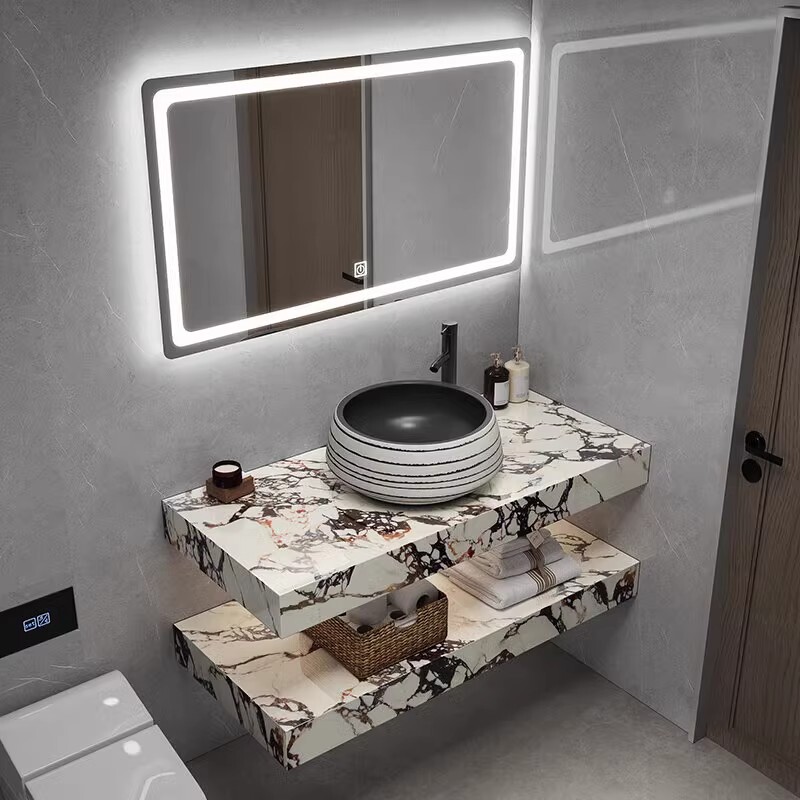Light Luxury Stone Slab Hotel Bathroom Vanity Countertop Washbasin Sink Cabinet Set