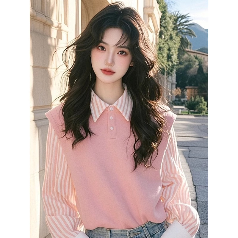 Pink Lapel Patchwork Striped Faux Two-Piece Shirt for Women, New Spring and Autumn Style, High-End, Age-Reducing, Stylish Blouse Pink Lapel Patchwork Striped Faux Two-Piece Shirt for Women, New Spring and Autumn Style, High-End, Age-Reducing, Stylish Blouse