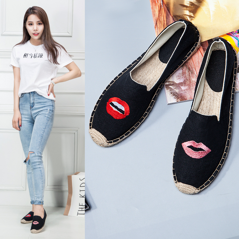 Giày vải Bắc Kinh cũ Giày vải lanh của phụ nữ đi du lịch rơm một đôi giày lười giày ngư dân giày thêu phẳng giầy gucci ny