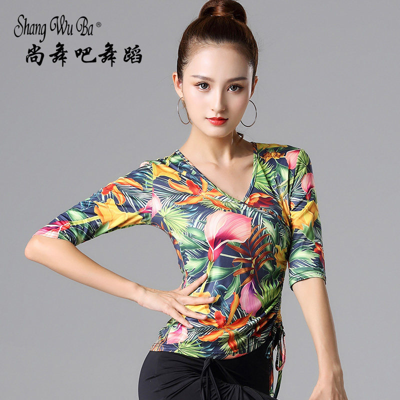 Shang dance bar Latin dance top female adult middle sleeve new printing modern friendship national standard dance practice clothing autumn