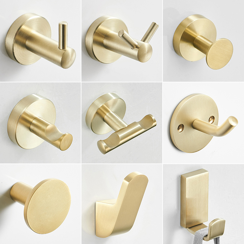Brushed Gold Wall-Mounted Coat Hook, No-Drill Stainless Steel Single Hook for Wardrobe, Bathroom Wall, Single Hook