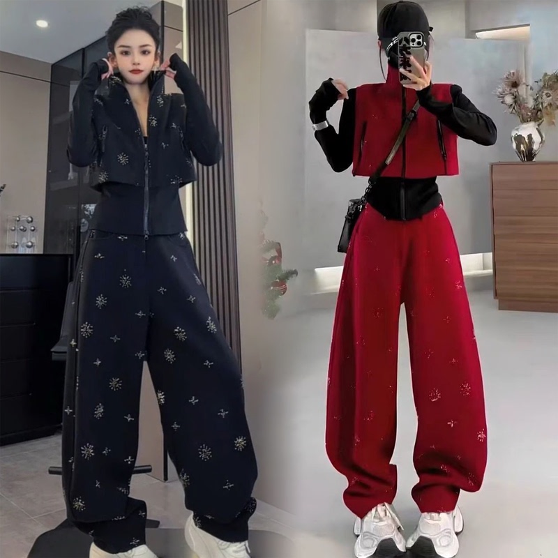 Casual Stylish Women's Suit 2026 Spring and Autumn New Fashion Slimming Rhinestone Fake Two-Piece Top and Wide-Leg Pants Set