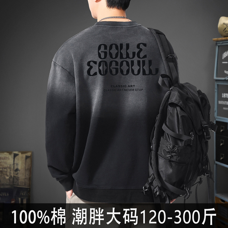 100% Cotton Washed Sweatshirt for Men, Gradient Color, Thick Autumn and Winter Style, Large Size, Trendy Brand, Heavy Velvet Print, Loose Long-Sleeve Top