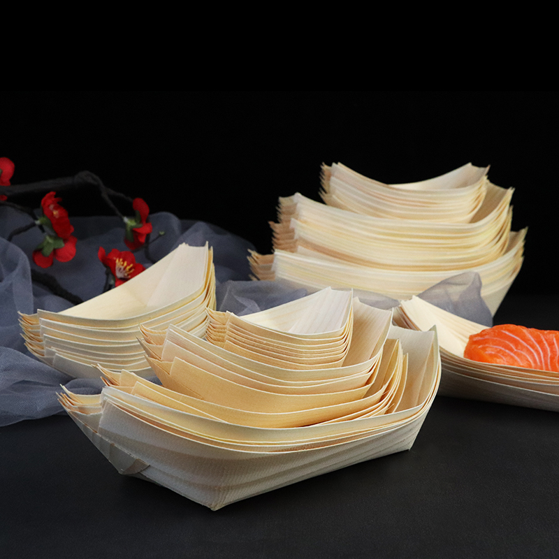 Disposable wood skin boat wooden sushi sashimi snack water shingen cake creative tableware artistic conception cold dish packing box