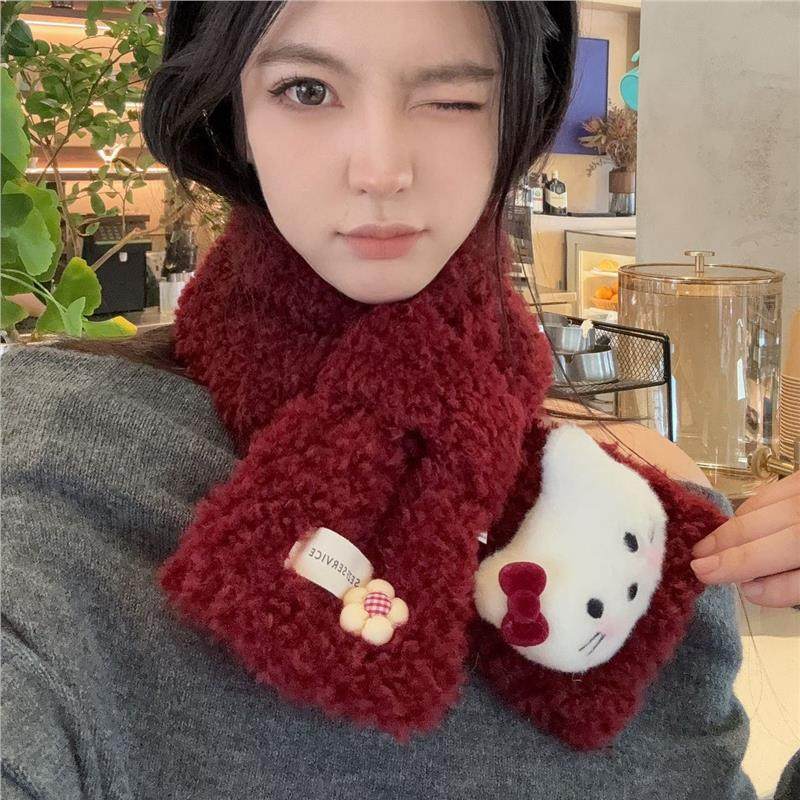 Furry Scarf Korean Style Cute Cat Lamb Wool Cross Neck Scarf for Female Students Winter Scarf Angora Red