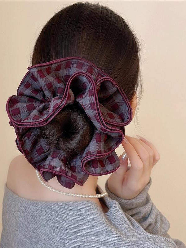 Korean-Style Plaid Fabric Scrunchie with a High-End Feel, Four-Layered Edge-Locking Hair Tie, Vintage High-Elasticity Hair Band for Women