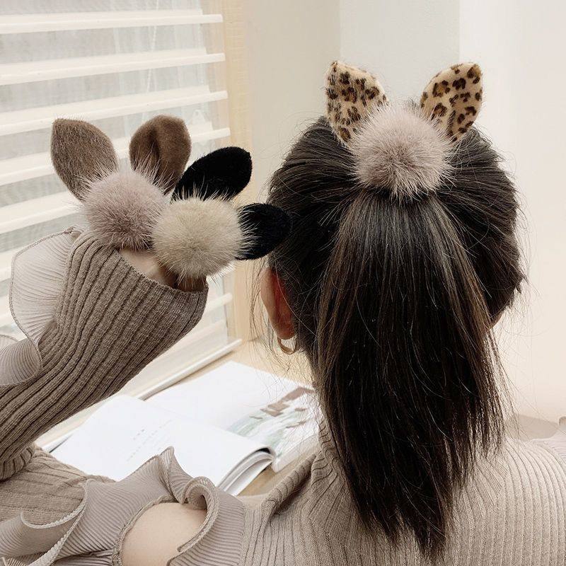 New Plush Bunny Ear Hair Ball Hair Tie, Simple and Elegant Ponytail Holder, High Elasticity Autumn and Winter Hair Band, Trendy Hair Accessory