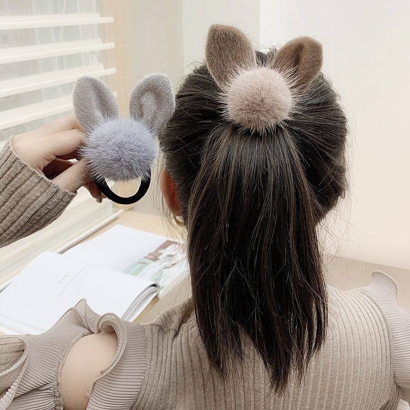 New Plush Bunny Ear Hair Ball Hair Tie, Simple and Elegant Ponytail Holder, High Elasticity Autumn and Winter Hair Band, Trendy Hair Accessory