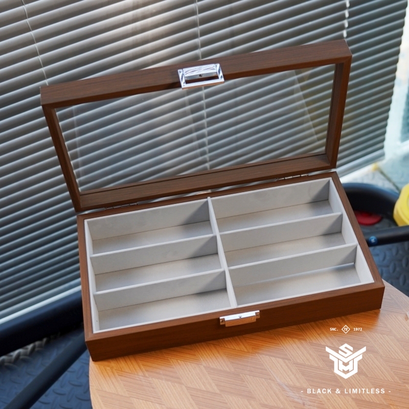 Walnut Pattern 6-Slot Eyewear Storage Display Box, 6-Compartment Sunglasses Glass Skylight Sunglasses Storage Collection Box, Wooden Box