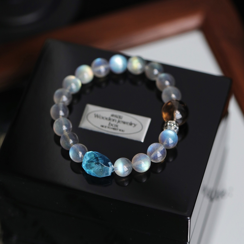 Gray Moonstone Bracelet, Aquamarine Bracelet, Hydrating Beads, Very Beautiful for Girls, Blue Niche Gift for Men, Blue